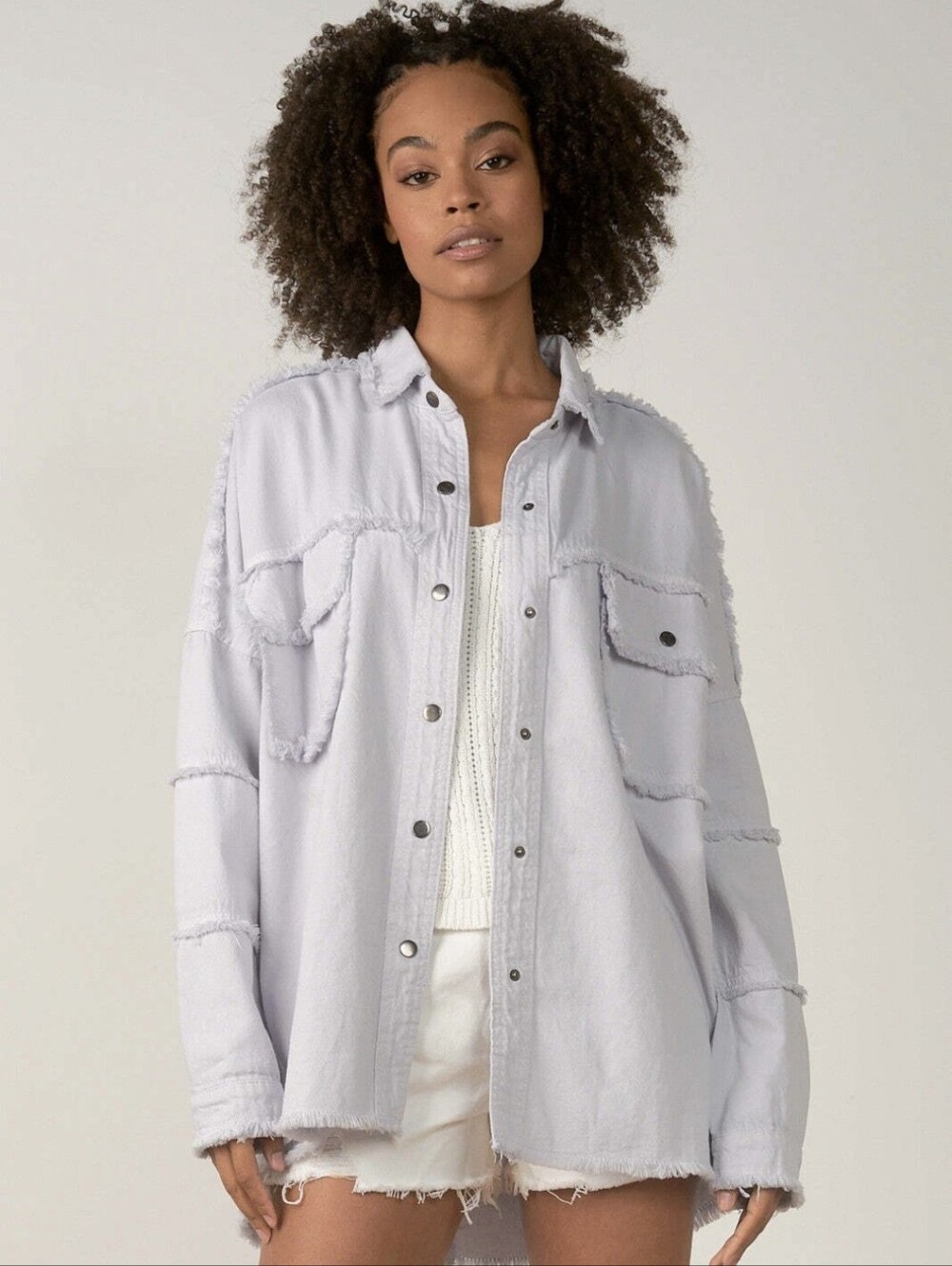 Elan Light Gray Distressed Button-Up Shacket